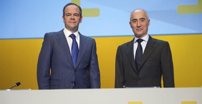 El consejero delegado de Ferrovial, Iñigo Meirás, y el presidente, Rafael del Pino, en la junta de accionistas de la compañía. E.P,