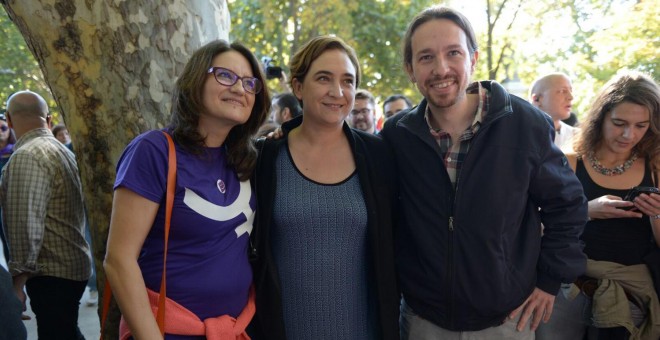 4. Monica Oltra, Ada Colau y Pablo Iglesias, en la manifestación contra la violencia machista en Madrid. PÚBLICO