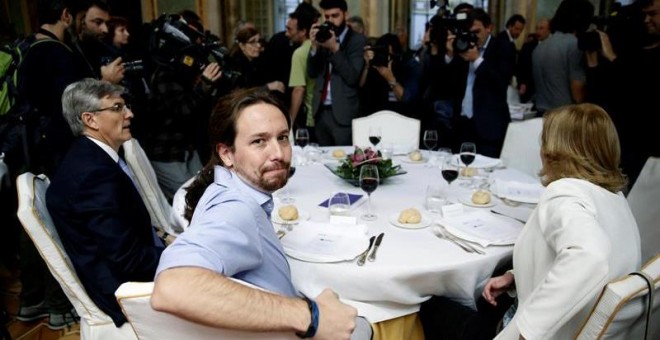 Pablo Iglesias, en el almuerzo informativo organizado por el Foro ABC-Deloitte en Madrid. / EFE