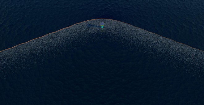 Representación artística del centro del sistema de barreras en V, con la estación de recogida. / ERWIN ZWART / THE OCEAN CLEANUP
