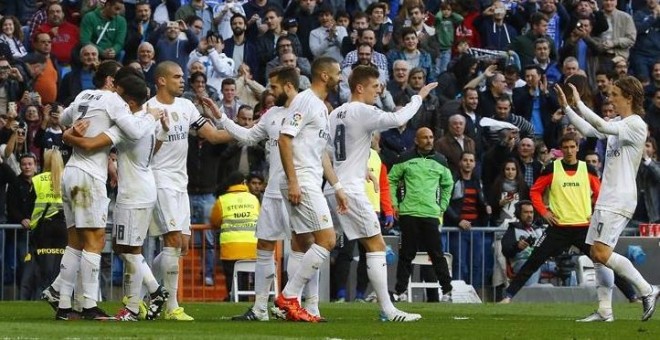 El Real Madrid celebra un gol en el partido ante el Getafe. EFE/J.P.GANDUL