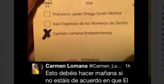 Tweet de Carmen Lomana pidiendo el voto
