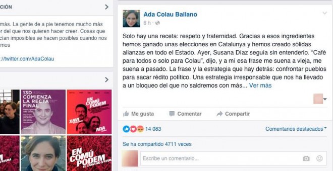 Captura del mensaje publicado por Ada Colau en Facebook.-