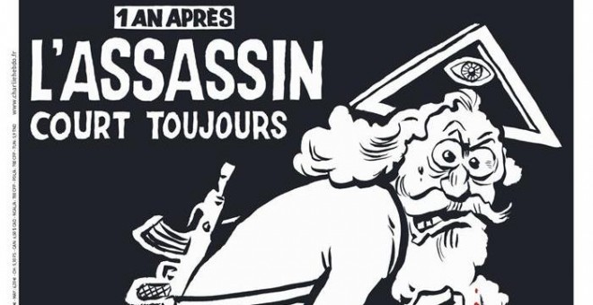 La portada del número especial 1224 de la revista satírica Charlie Hebdo con la caricatura de un dios con una kalashnikov en el que se puede leer 'Un año después. El asesino sigue corriendo'. El semanario satírico francés 'Charlie Hebdo' reivindica así su