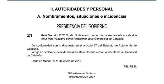 El BOE publica el cese de Artur Mas pero no le agradece los servicios prestados./ BOE