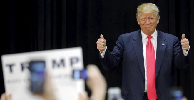 Donald Trump, candidato a las primarias del Partido Republicano, tras su discurso en New Hampshire. /REUTERS