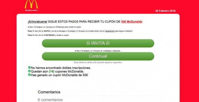 Un falso cupón de McDonald's por WhatsApp pretende hacerse con datos personales de los usuarios