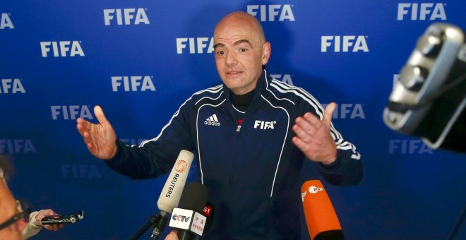 New FIFA President Gianni Infantino addresses the media after a friendly football match at FIFA headquarters in Zurich, Switzerland February 29, 2016. Infantino celebrated his first day in office by organising a soccer match for employees and guests. REUT