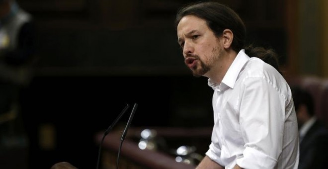 El líder de Podemos, Pablo Iglesias, en su intervención tras Rajoy y Sánchez. EFE/Chema Moya