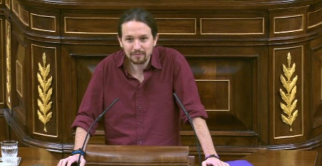 El secretario general de Podemos, Pablo Iglesias, durante su discurso en el Congreso de los Diputados.
