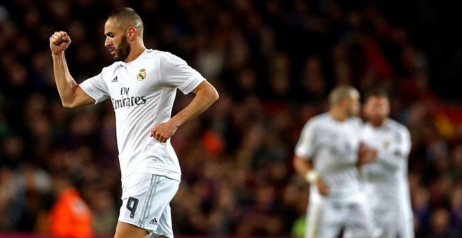 Benzema celebra el empate en el Camp Nou.- EFE