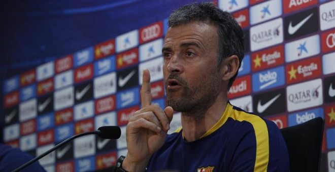 El entrenador del FC Barcelona Luis Enrique Martínez, durante la rueda de prensa previa al partido contra el Deportivo. /EFE