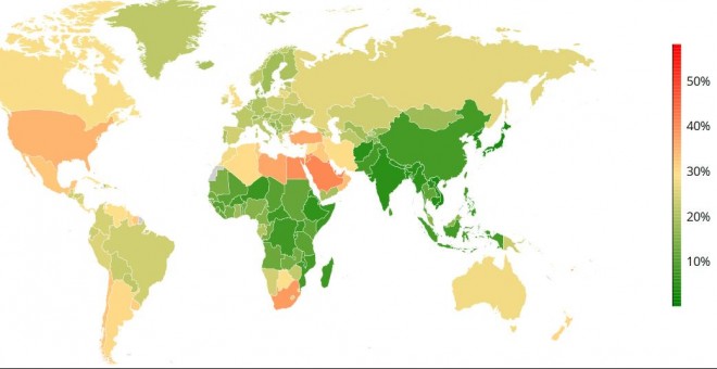 Porcentaje de obesidad en mujeres por países en 2014, según un código de colores. Autor: NCD-RisC