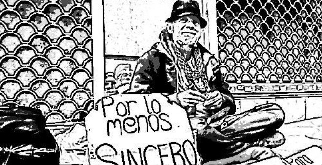 Jose, uno de los Lazy Beggars, sentado en la calle Montera de Madrid. / HENRIQUE MARIÑO