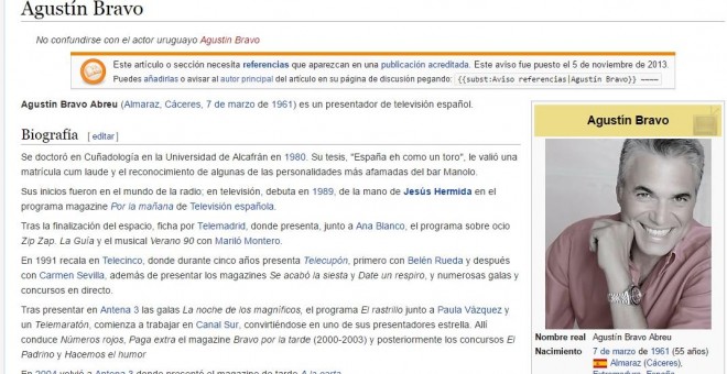 Imagen de la página de la wikipedia 'hackeada' de Agustín Bravo, nuevo fichaje de Ciudadanos.
