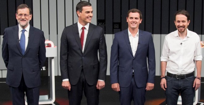 Momento del Debate a cuatro que contó con los candidatos a la presidencia del gobierno Mariano Rajoy, Pablo Iglesias, Pedro Sánchez y Albert Rivera