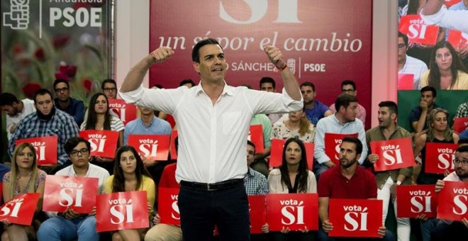 El secretario general y candidato del PSOE a la Presidencia del Gobierno Pedro Sánchez, durante su intervención en el mitin que se ha celebrado en la Universidad de Derecho en Málaga. /EFE