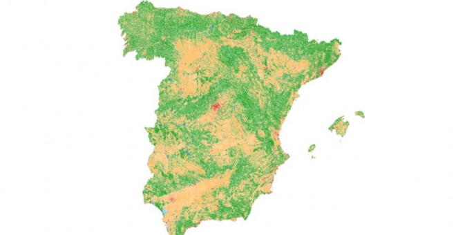 Cambios en la ocupación del suelo en España según los sucesivos Corine Land Cover de 1990, 2000, 2006 y 2012. En rojo las zonas urbanas, en naranja las zonas agrícolas y en verde los espacios con vegetación natural.