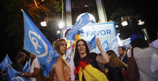 Simpatizantes del Partido Popular junto a la sede del partido en la madrileña calle Génova, tras conocer los primero resultados electorales tras los comicios generales que se han celebrado hoy en España. EFE/J.P.GANDUL