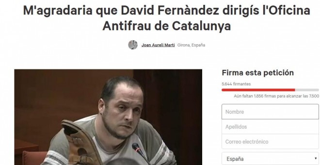 Captura de pantalla de la iniciativa que recoge el portal Change,org para que David Fernández se convierta en el director de la Oficina Antifrau