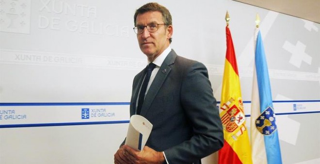El presidente de la Xunta de Galicia, Alberto Núñez Feijóo, durante el anuncio de la fecha de las próximas elecciones en la Comunidad, que serán el  25 de septiembre, coincidiendo con las vascas. EFE/Xoán Rey
