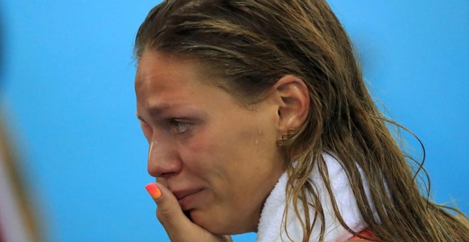 La rusa Yulia Efimova llora durante su prueba en los Juegos Olímpicos. REUTERS/Dominic Ebenbichler