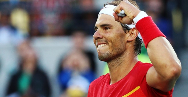 Rafa Nadal celebra su victoria contra el brasileño Bellucci. /REUTERS