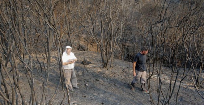 Dos vecinos del municipio coruñés de Porto Do San contemplan los restos calcinados de un monte en el que un incendio ha quemado más de 1.000 hectáreas. EFE/Xoan Rey