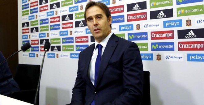 El seleccionador de fútbol, Julen Lopetegui, durante la rueda de prensa en la que ha anunciado su primera lista. - EFE