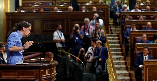 Pablo Iglesias durante su intervención en el debate de investidura de este miércoles en el Congreso de los Diputados.- EFE