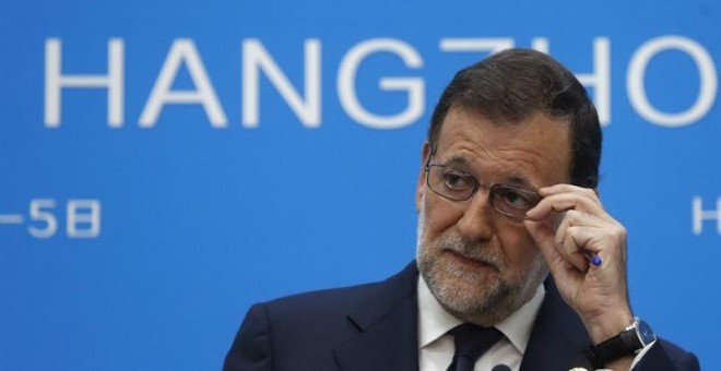 El presidente del Gobierno español en funciones, Mariano Rajoy, durante la rueda de prensa que ha ofrecido hoy al término de la cumbre del G20 que se celebra en China.  EFE/Juan Carlos Hidalgo