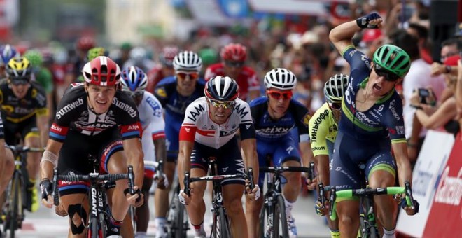 Nielsen celebra su victoria en la etapa de la Vuelta. EFE/Javier Lizón