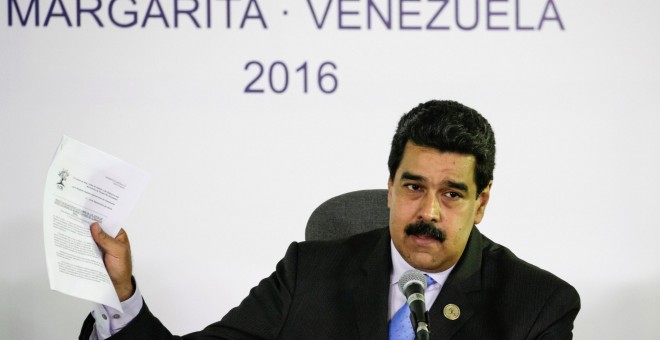 El presidente de Venezuela, Nicolas Maduro, en la rueda de prensa al finalizar la cumbre de paises no alineados en Porlamar. REUTERS/Marco Bello