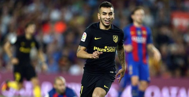 El delantero argentino del Atlético de Madrid, Ángel Correa, celebra el primer y único gol del equipo madrileño. /EFE