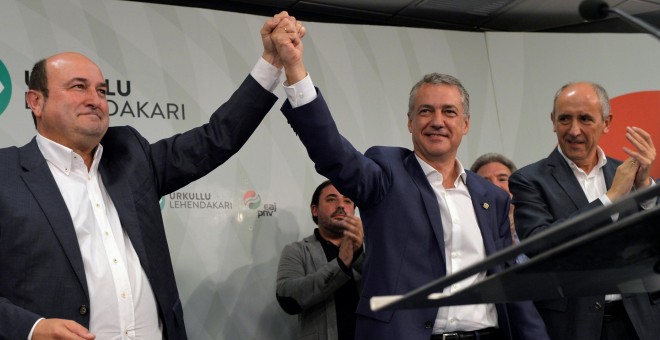 Ilñigo Urkullu celebra su victoria en las elecciones autonómicas en el País Vasco con el presidente del PNV, Andoni Ortuzar, en Bilbao. REUTERS/Vincent West