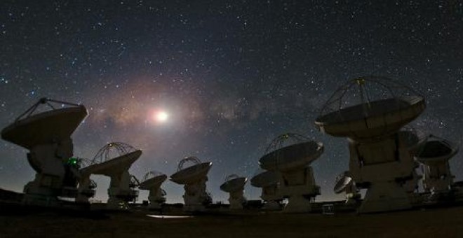 Esta vista panorámica de Chajnantor muestra las antenas de ALMA en contraste con el sobrecogedor escenario de fondo: un cielo nocturno plagado de estrellas. / Imagen: ESO