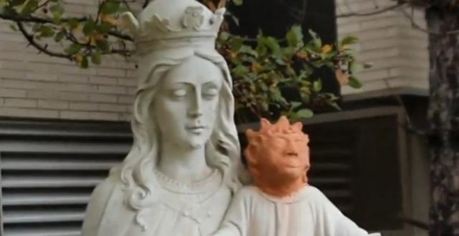 Estatua de la iglesia de Sanbury (Canadá) Sainte Anne des Pins, que una artista ha restaurado, provocando asociaciones con el 'Ecce Homo' de Cecilia Giménez. / Europa Press
