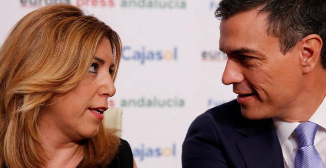 Susana y Pedro en un desayuno informativo días antes de las elecciones del 26-J. / REUTERS