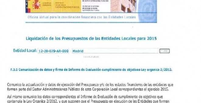 Captura de pantalla de la plataforma electrónica del Ministerio de Hacienda sobre los presupuestos de las entidades locales