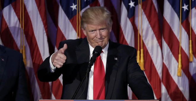 El presidente electo de EEUU, Donald Trump, celebra su victoria en el hotel Hilton de Nueva York. /EEUU