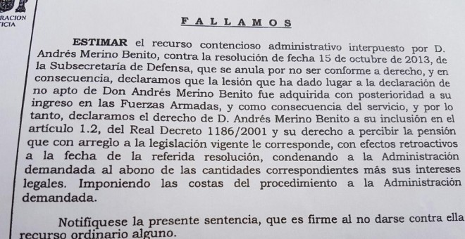 Fallo del Tribunal Superior de justicia Murcia en el caso del exmilitar Andrés Merino, en huelga de hambre frente al Ministerio de Defensa.