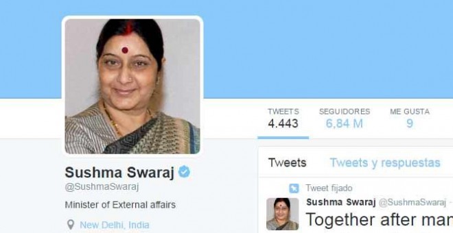 Perfil de la ministra india de Exteriores, Sushma Swaraj, en Twitter.