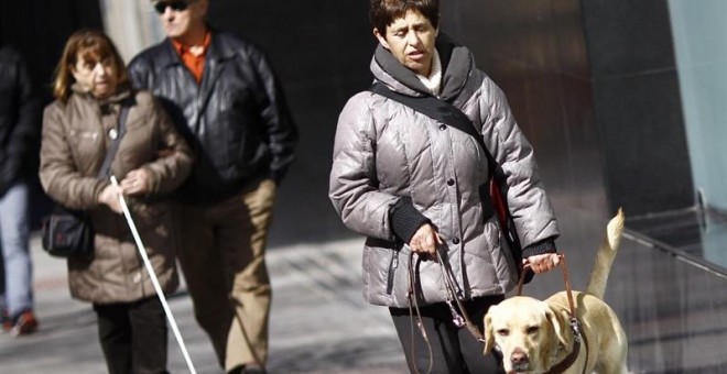 Un persona ciega camina junto a su perro lazarillo por una calle de Madrid.- e.p