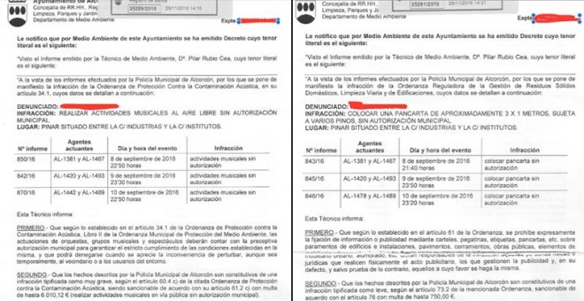 Dos de las multas impuestas al Ateneo Popular de Alcorcón.