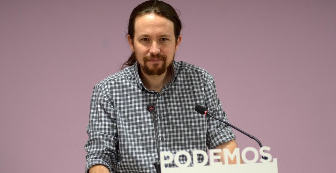 El secretario general de Podemos, Pablo Iglesias, en una rueda de prensa en la sede del partido en Madrid. PODEMOS