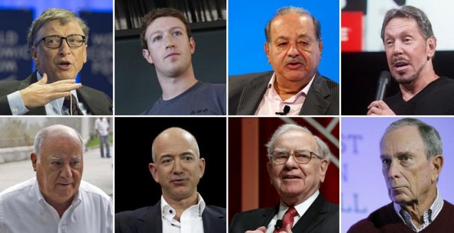 De izd. a der. y de arriba abajo:  Bill Gates, Mark Zuckerberg, Carlos Slim, Larry Ellison, Amancio Ortega, Jeff Bezos, Warren Buffett y Michael Bloomberg / REUTERS