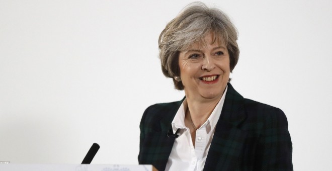 La primera ministra británica, Theresa May, durante su conferencia ante diplomáticos extranjeros y el equipo británico que negociará el Brexit, en la Lancaster House, en Londres. REUTERS/Kirsty Wigglesworth