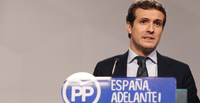 El vicesecretario de Comunicación del Partido Popular, Pablo Casado, durante la rueda de prensa que ofreció en la sede del partido en Génova tras la reunión del Comite de Dirección del Partido Popular. EFE/Javier Tormo