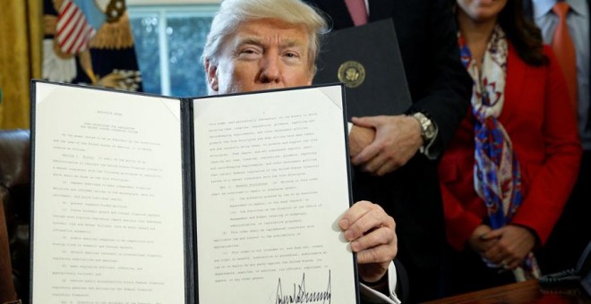 Trump, con una de las órdenes que ha firmado. REUTERS/Kevin Lamarque