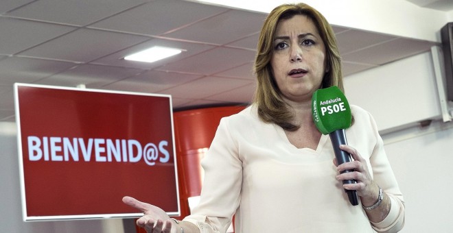 La secretaria general del PSOE andaluz y presidenta de la Junta, Susana Díaz, durante la inauguración de la nueva sede del PSOE de Huelva. EFE/Julián Pérez